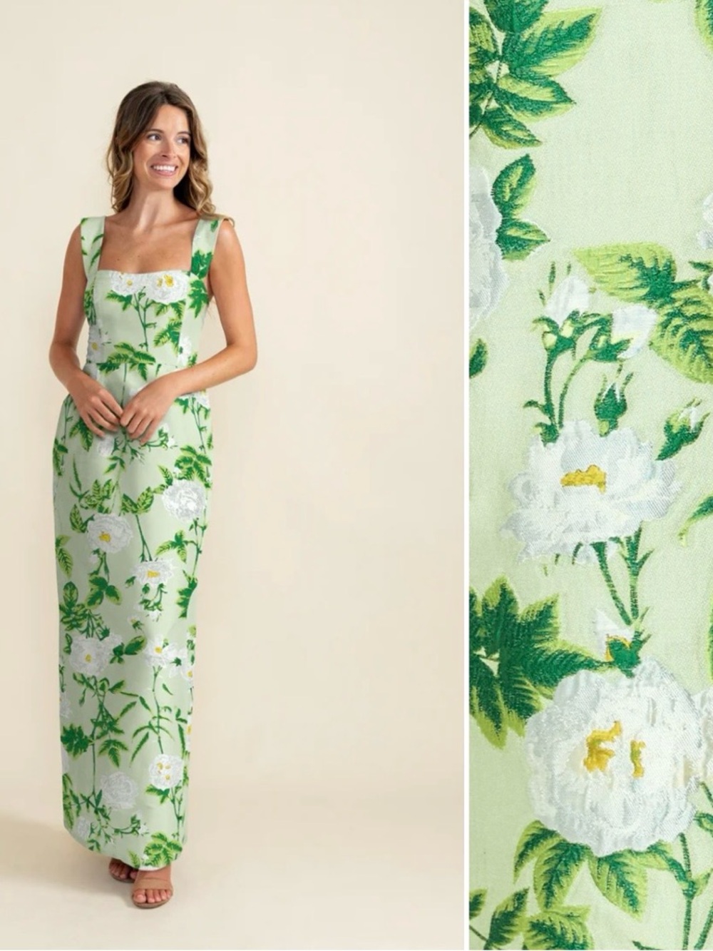 Sleeveless Square-Neck Floral Maxi Dress in Light Green